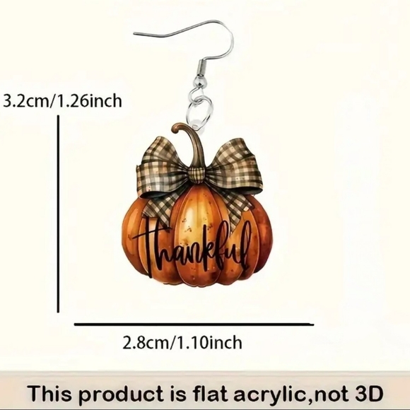 NEW Pumpkin Drop Acrylic Earrings With "Thankful" Written on Bottom - Picture 6 of 6